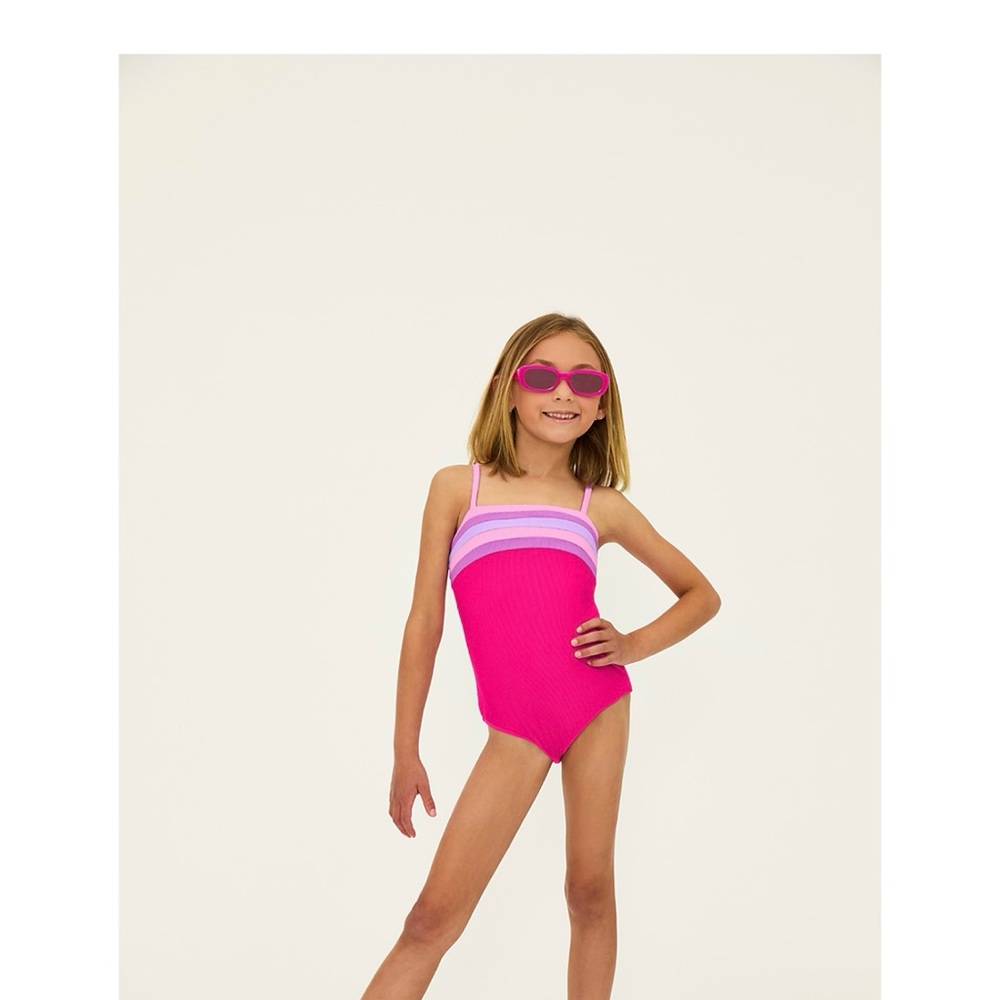 Beach Riot Girls' Hot Pink Ribbed One-Piece Swimsuit with Lavender Stripes